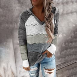 image-Women's V-Neck Striped Knit Sweater Long Sleeve Pullover