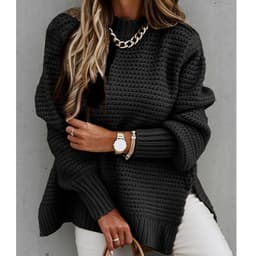 image-Women's Half High Neck Solid Color Knit Sweater with Drawstring Side Slit