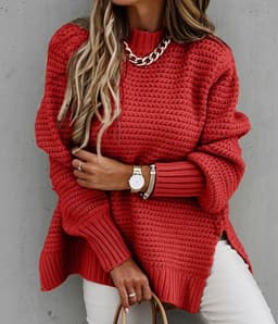 image-Women's Half High Neck Solid Color Knit Sweater with Drawstring Side Slit