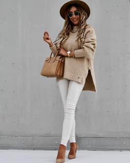 image-Women's Half High Neck Solid Color Knit Sweater with Drawstring Side Slit