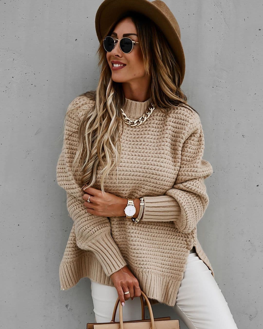 image-Women's Half High Neck Solid Color Knit Sweater with Drawstring Side Slit