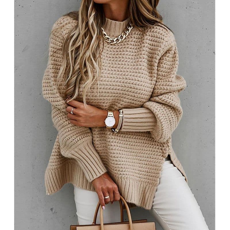 image-Women's Half High Neck Solid Color Knit Sweater with Drawstring Side Slit
