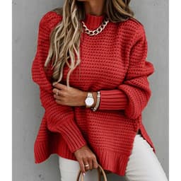 image-Women's Half High Neck Solid Color Knit Sweater with Drawstring Side Slit