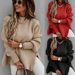 image-Women's Half High Neck Solid Color Knit Sweater with Drawstring Side Slit