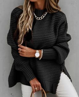 image-Women's Half High Neck Solid Color Knit Sweater with Drawstring Side Slit