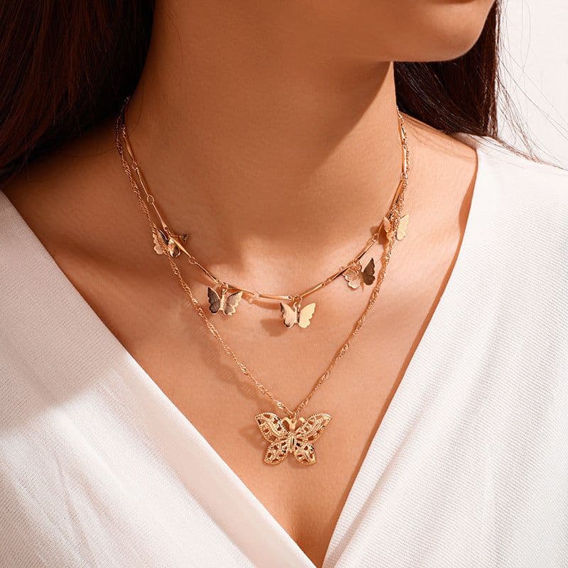 image-Women's Butterfly Pendant Multi-Layer Necklace Alloy Plated
