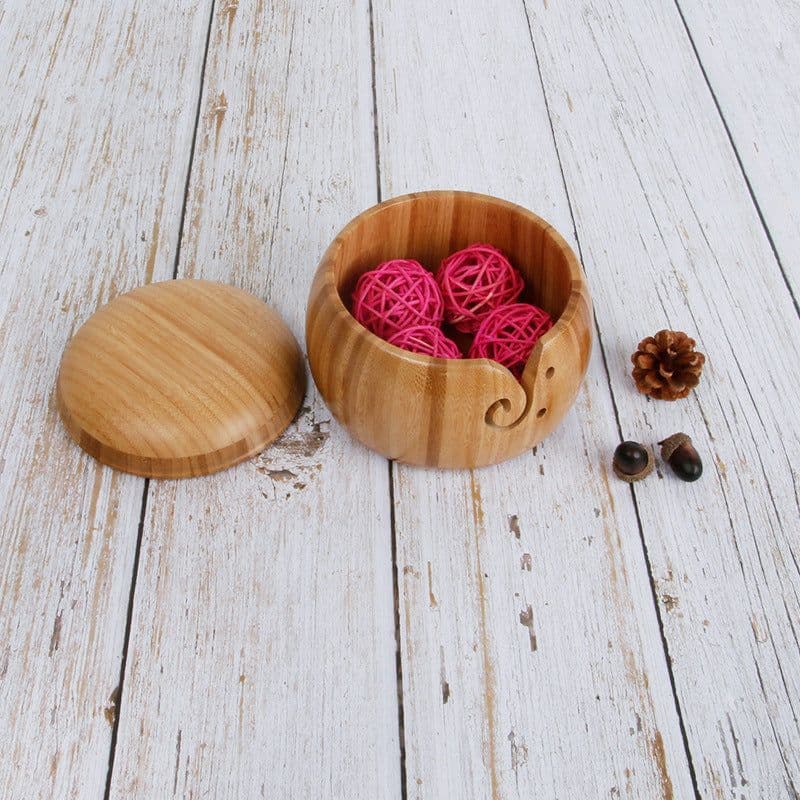 image-Three Apricot Bamboo Yarn Bowl with Lid - Round Storage Bowl
