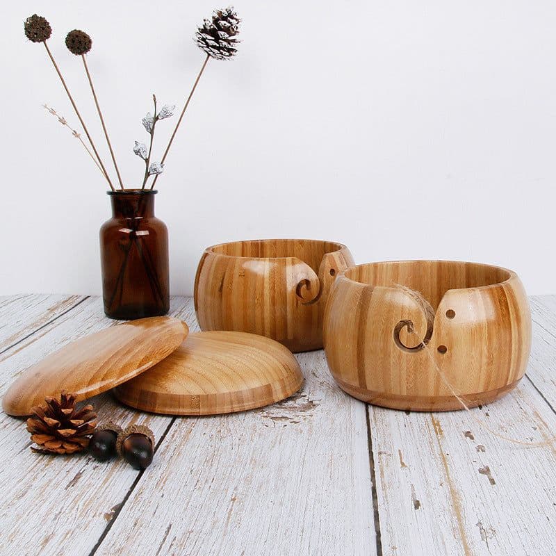 image-Three Apricot Bamboo Yarn Bowl with Lid - Round Storage Bowl