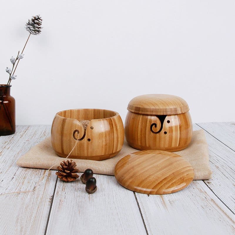 image-Three Apricot Bamboo Yarn Bowl with Lid - Round Storage Bowl