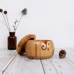 image-Three Apricot Bamboo Yarn Bowl with Lid - Round Storage Bowl