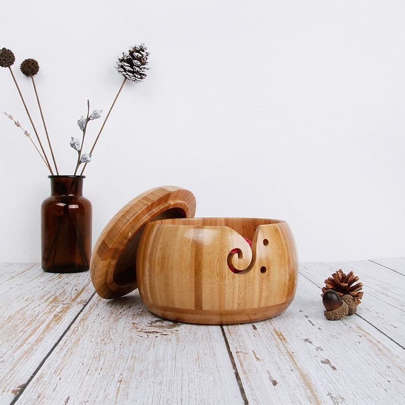 image-Three Apricot Bamboo Yarn Bowl with Lid - Round Storage Bowl