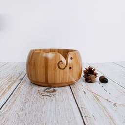 image-Three Apricot Bamboo Yarn Bowl with Lid - Round Storage Bowl