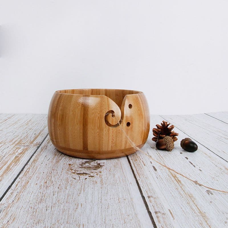 image-Three Apricot Bamboo Yarn Bowl with Lid - Round Storage Bowl