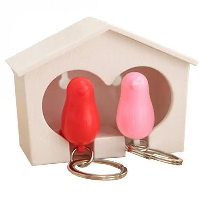 image-Couple Bird House Keychain Key Holder with Key Ring