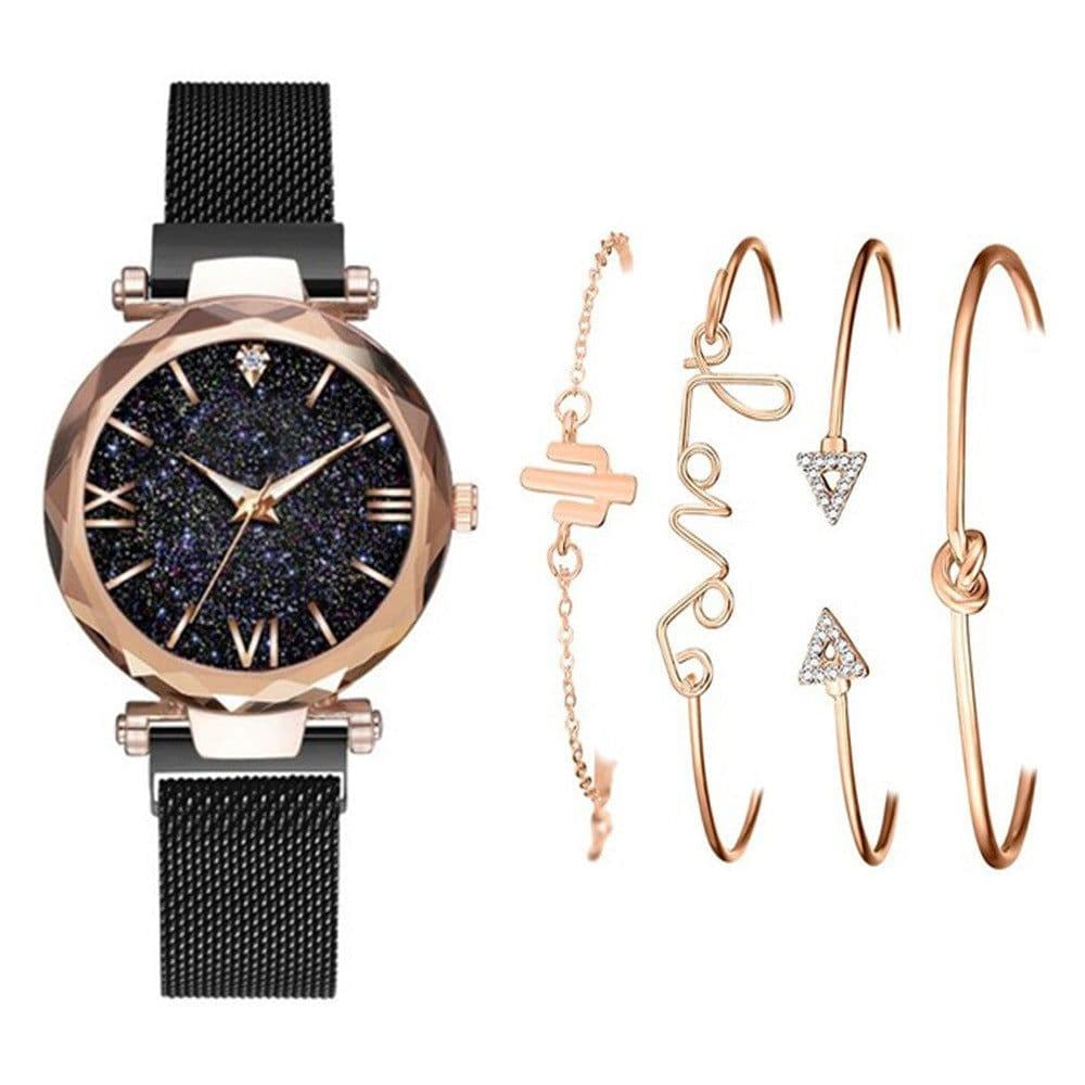 image-Women's Starry Sky Dial Magnetic Mesh Quartz Watch Set with Bracelet