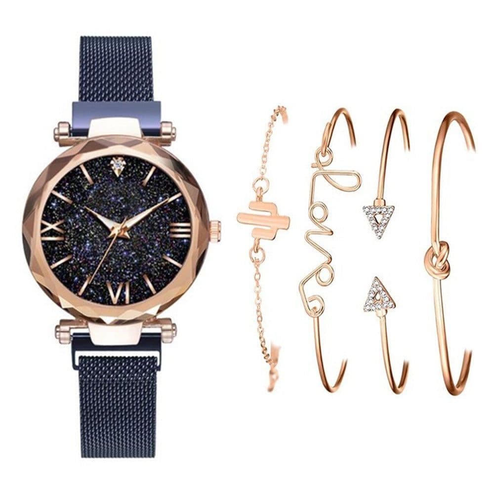 image-Women's Starry Sky Dial Magnetic Mesh Quartz Watch Set with Bracelet