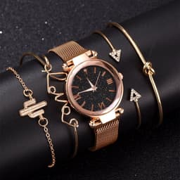 image-Women's Starry Sky Dial Magnetic Mesh Quartz Watch Set with Bracelet