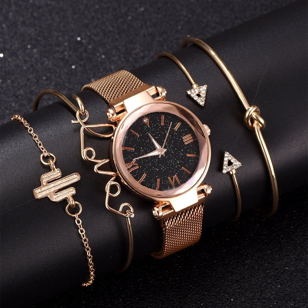 image-Women's Starry Sky Dial Magnetic Mesh Quartz Watch Set with Bracelet