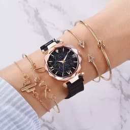 image-Women's Starry Sky Dial Magnetic Mesh Quartz Watch Set with Bracelet