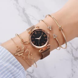 image-Women's Starry Sky Dial Magnetic Mesh Quartz Watch Set with Bracelet