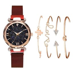 image-Women's Starry Sky Dial Magnetic Mesh Quartz Watch Set with Bracelet