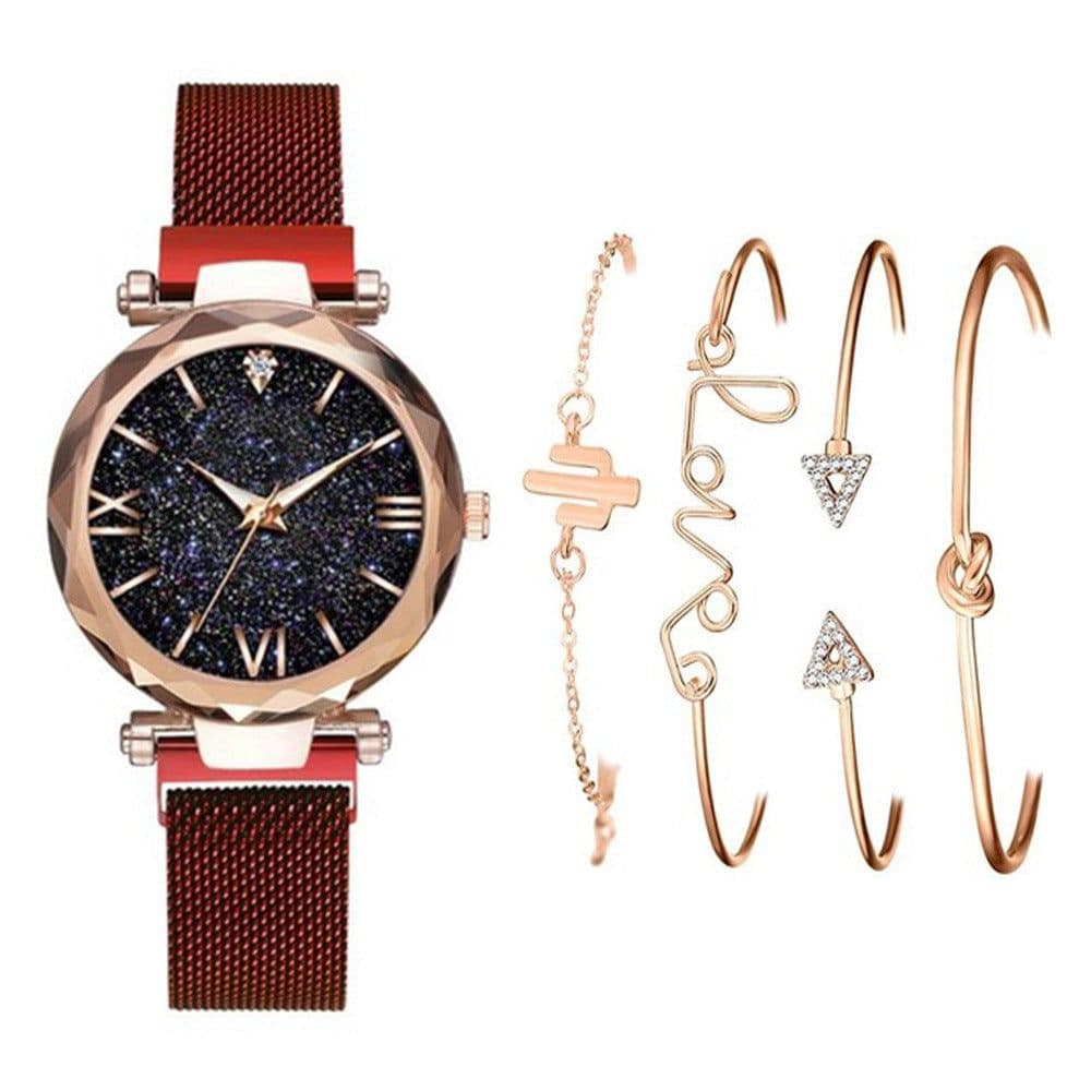 image-Women's Starry Sky Dial Magnetic Mesh Quartz Watch Set with Bracelet