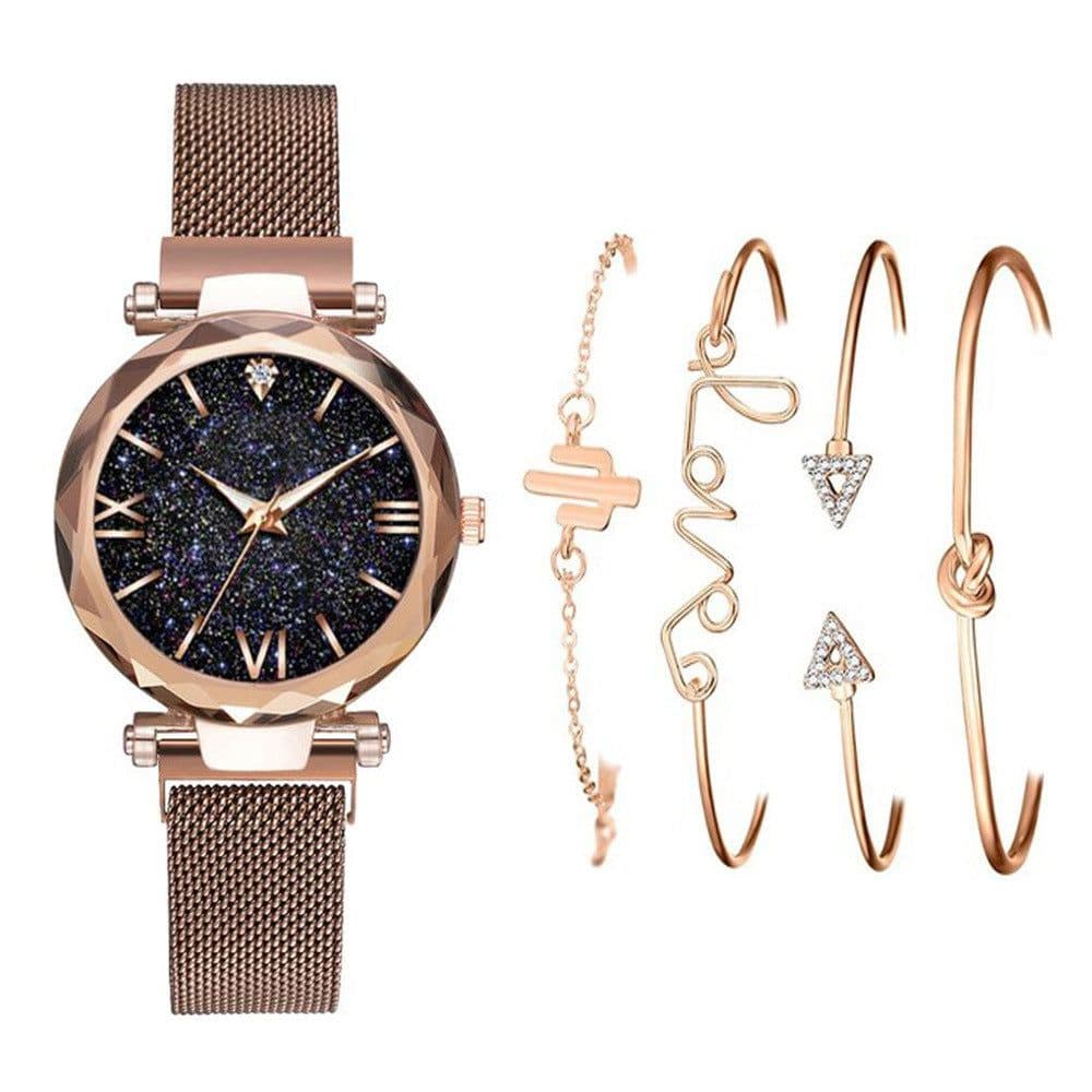 image-Women's Starry Sky Dial Magnetic Mesh Quartz Watch Set with Bracelet
