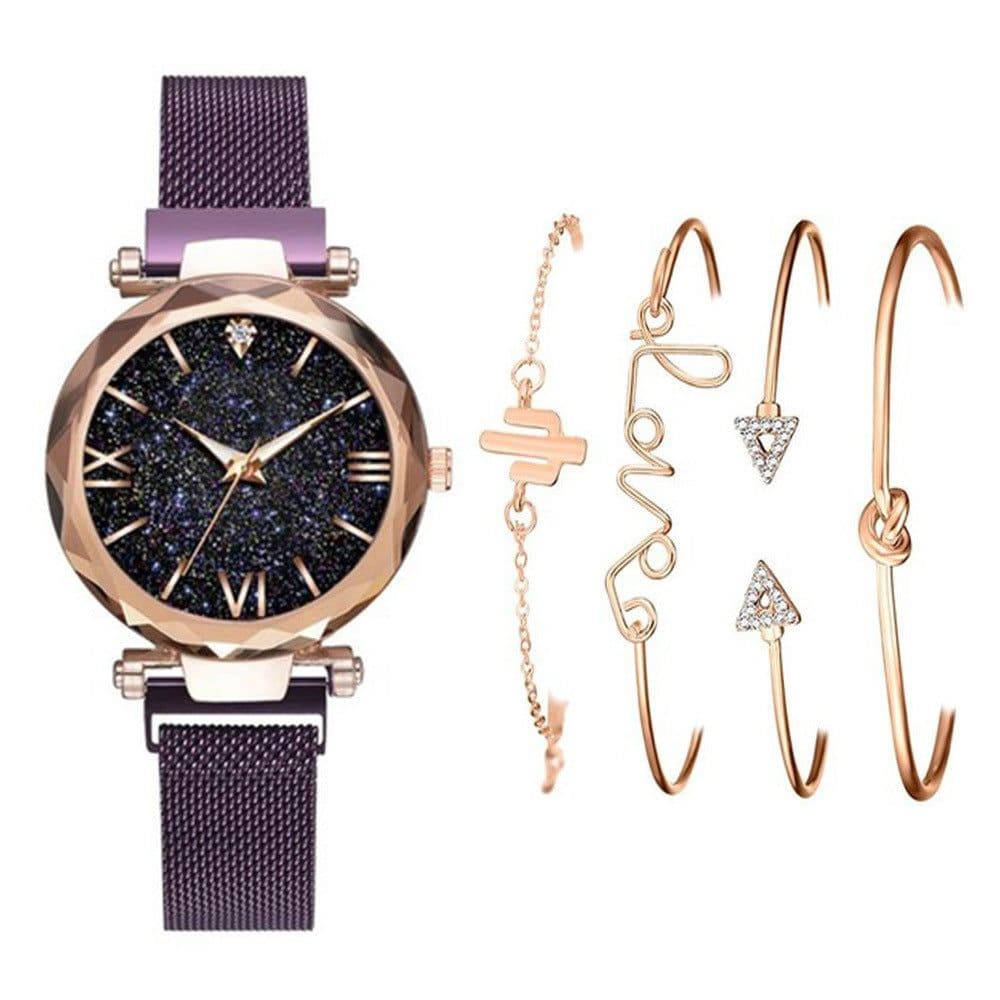 image-Women's Starry Sky Dial Magnetic Mesh Quartz Watch Set with Bracelet