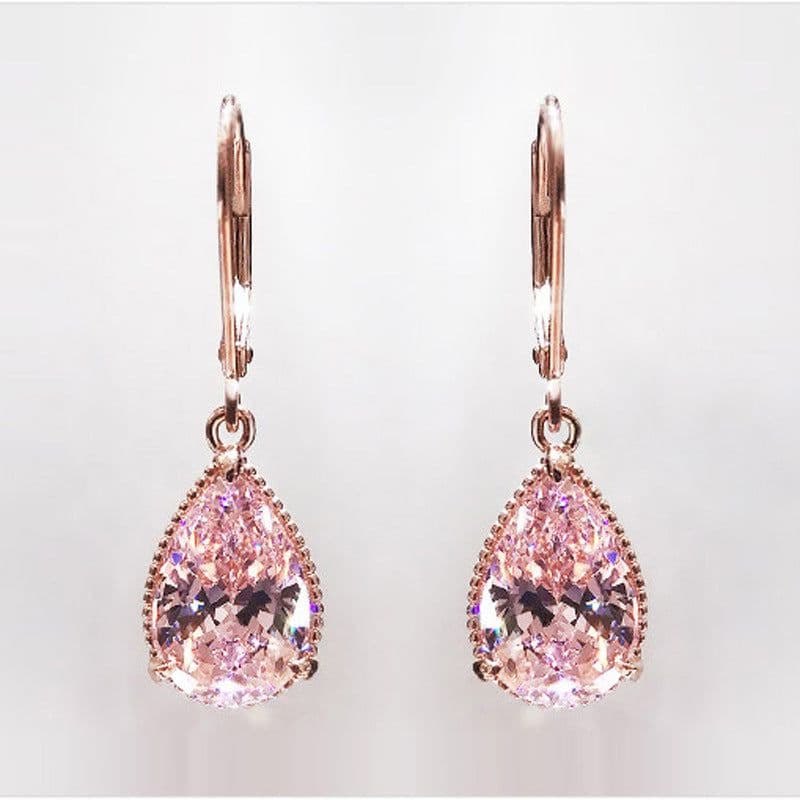 image-Rose Gold Plated Pink Zirconia Water Drop Earrings for Women