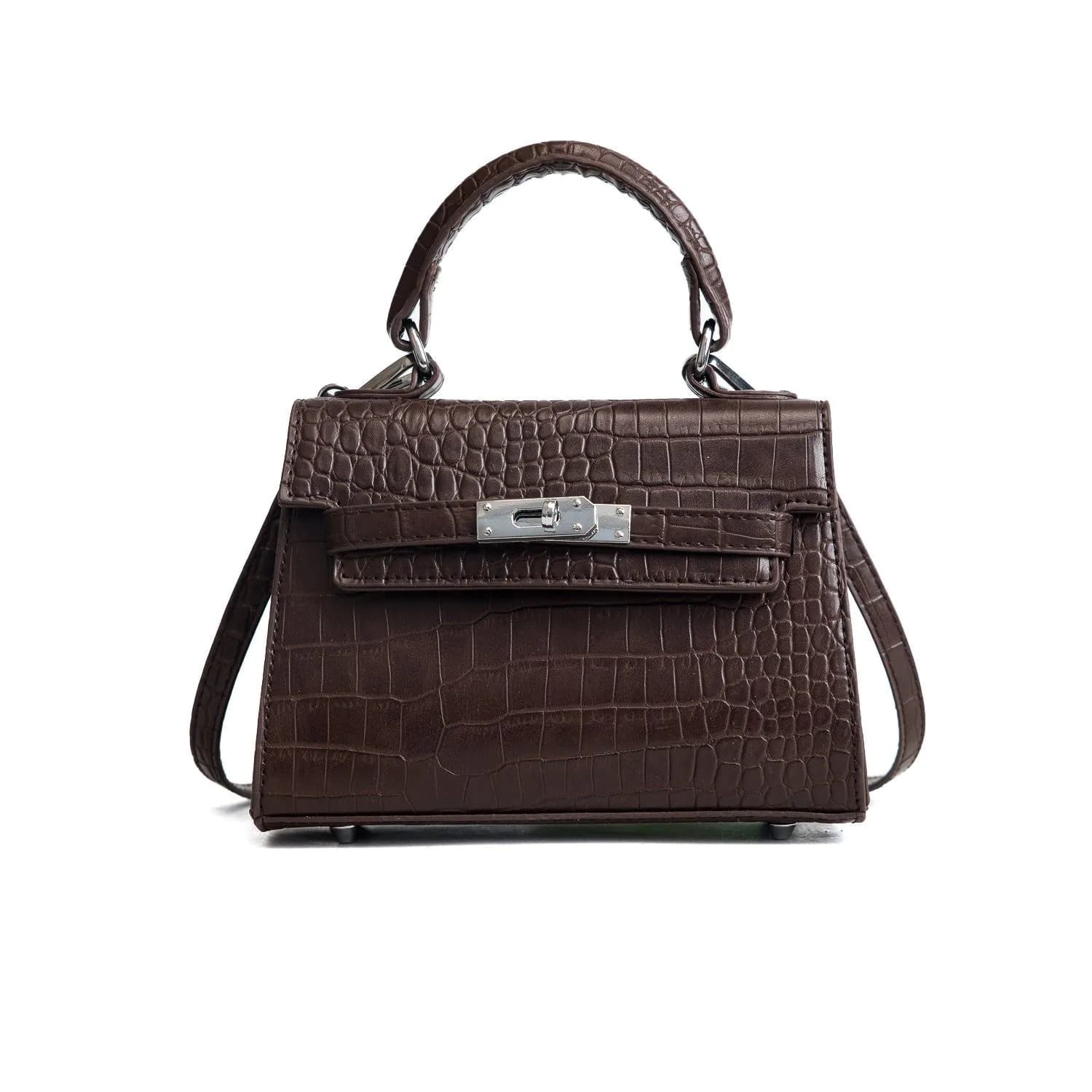 image-Mu Linhua Kelly Bag Crocodile Pattern PU Leather Shoulder Bag Brown