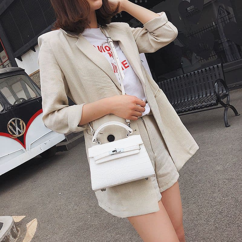 image-Mu Linhua Kelly Bag Crocodile Pattern PU Leather Shoulder Bag Brown