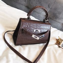 image-Mu Linhua Kelly Bag Crocodile Pattern PU Leather Shoulder Bag Brown