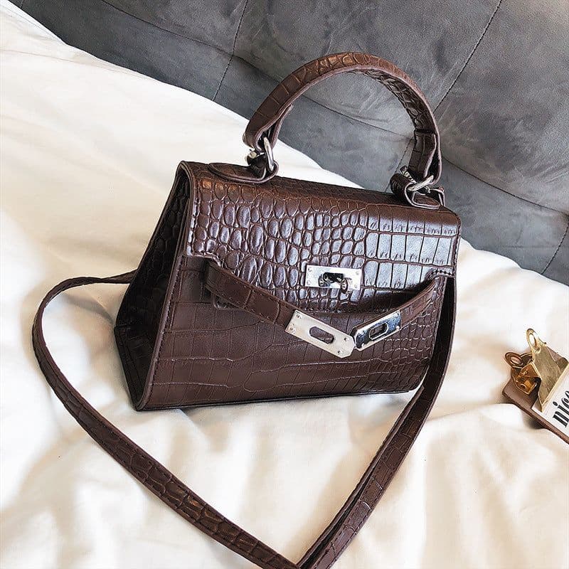 image-Mu Linhua Kelly Bag Crocodile Pattern PU Leather Shoulder Bag Brown