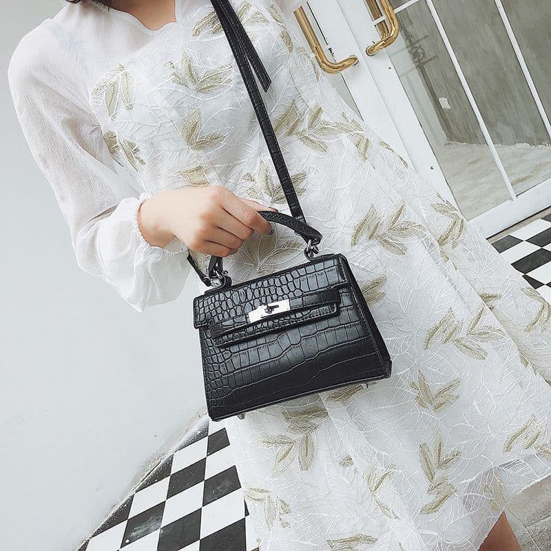 image-Mu Linhua Kelly Bag Crocodile Pattern PU Leather Shoulder Bag Brown
