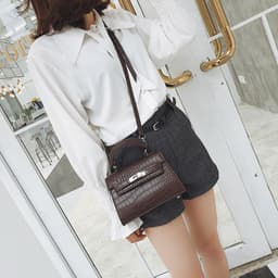 image-Mu Linhua Kelly Bag Crocodile Pattern PU Leather Shoulder Bag Brown