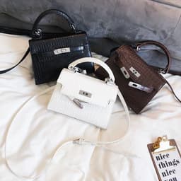 image-Mu Linhua Kelly Bag Crocodile Pattern PU Leather Shoulder Bag Brown