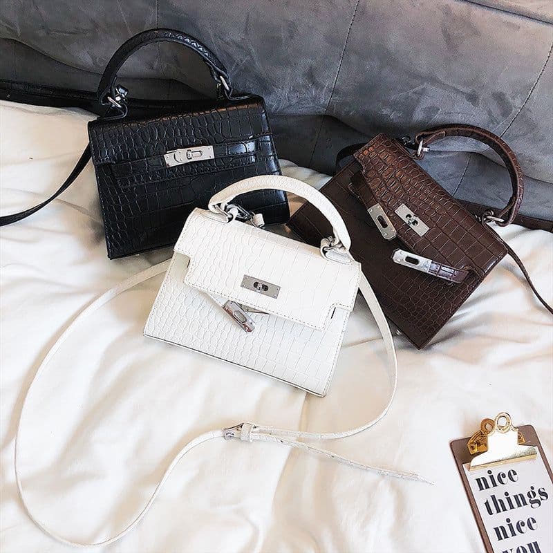 image-Mu Linhua Kelly Bag Crocodile Pattern PU Leather Shoulder Bag Brown