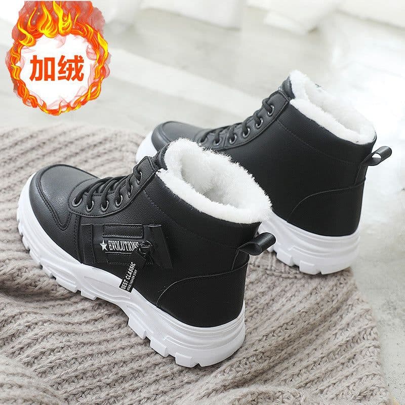 image-Women's Black High-Top Cotton Snow Boots Winter Warm Plush Lined
