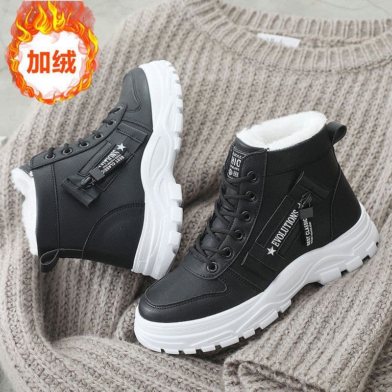 image-Women's Black High-Top Cotton Snow Boots Winter Warm Plush Lined
