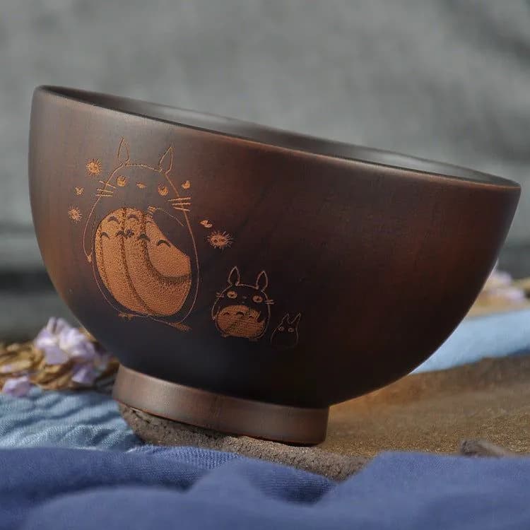 image-Japanese Style Wooden Totoro Cartoon Bowl Round Tableware