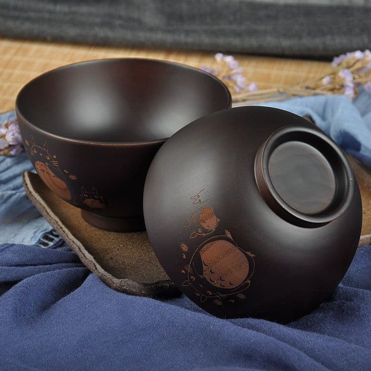 image-Japanese Style Wooden Totoro Cartoon Bowl Round Tableware