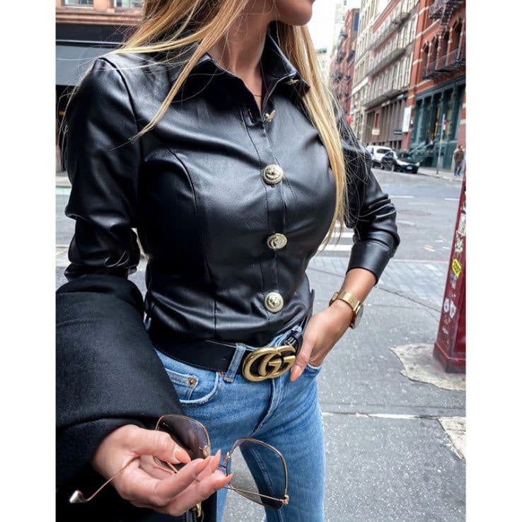 image-Women's Black PU Leather Shirt Jacket Single-Breasted Lapel