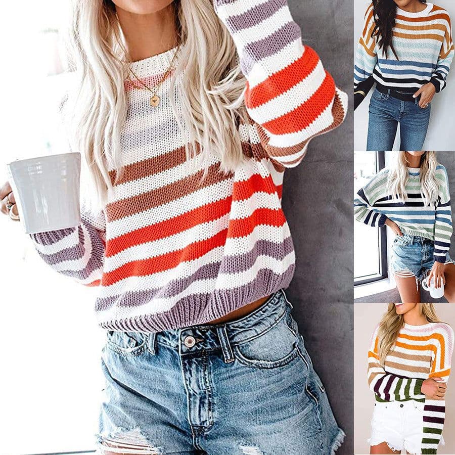 image-Women's Striped Round Neck Loose Knit Sweater Pullover Long Sleeve
