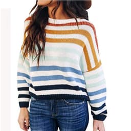 image-Women's Striped Round Neck Loose Knit Sweater Pullover Long Sleeve