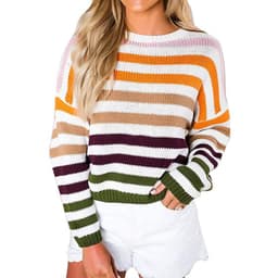image-Women's Striped Round Neck Loose Knit Sweater Pullover Long Sleeve