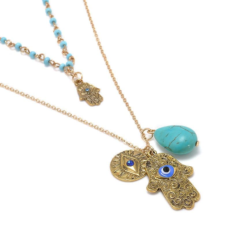 image-Turkish Blue Eyes Fatima Palm Necklace Bohemian Turquoise Beaded Chain