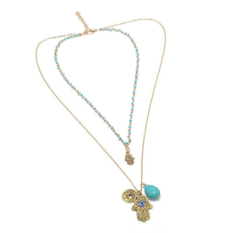 image-Turkish Blue Eyes Fatima Palm Necklace Bohemian Turquoise Beaded Chain