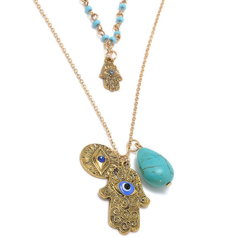image-Turkish Blue Eyes Fatima Palm Necklace Bohemian Turquoise Beaded Chain