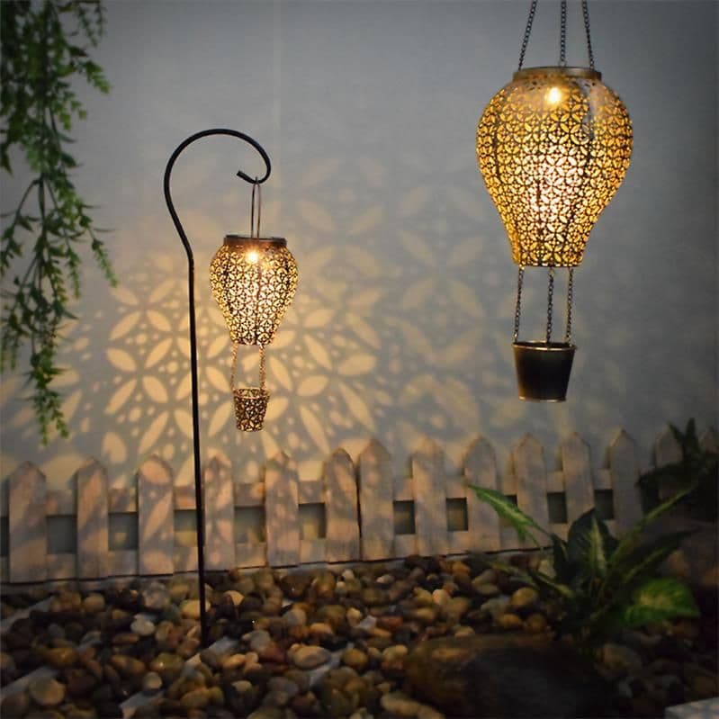 image-Solar Hot Air Balloon Garden Light Iron Hollow LED Lantern