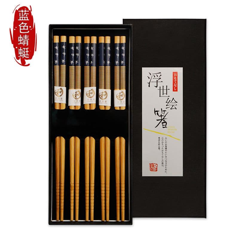 image-Japanese Bamboo Chopsticks Set - 5 Pairs Non-Slip Wooden with Gift Box